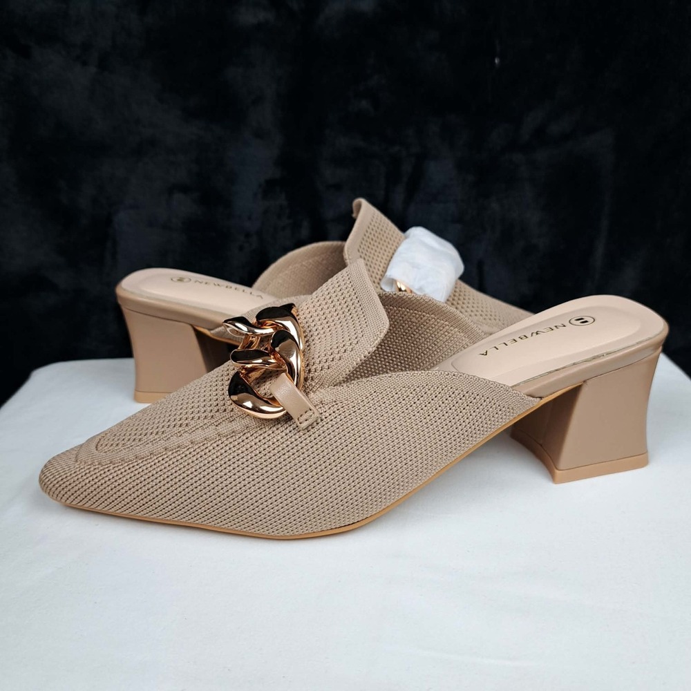 NEWBELLA Shoes Womens Beige Knit Mule Block Heel Slip On Gold Chain Size 8